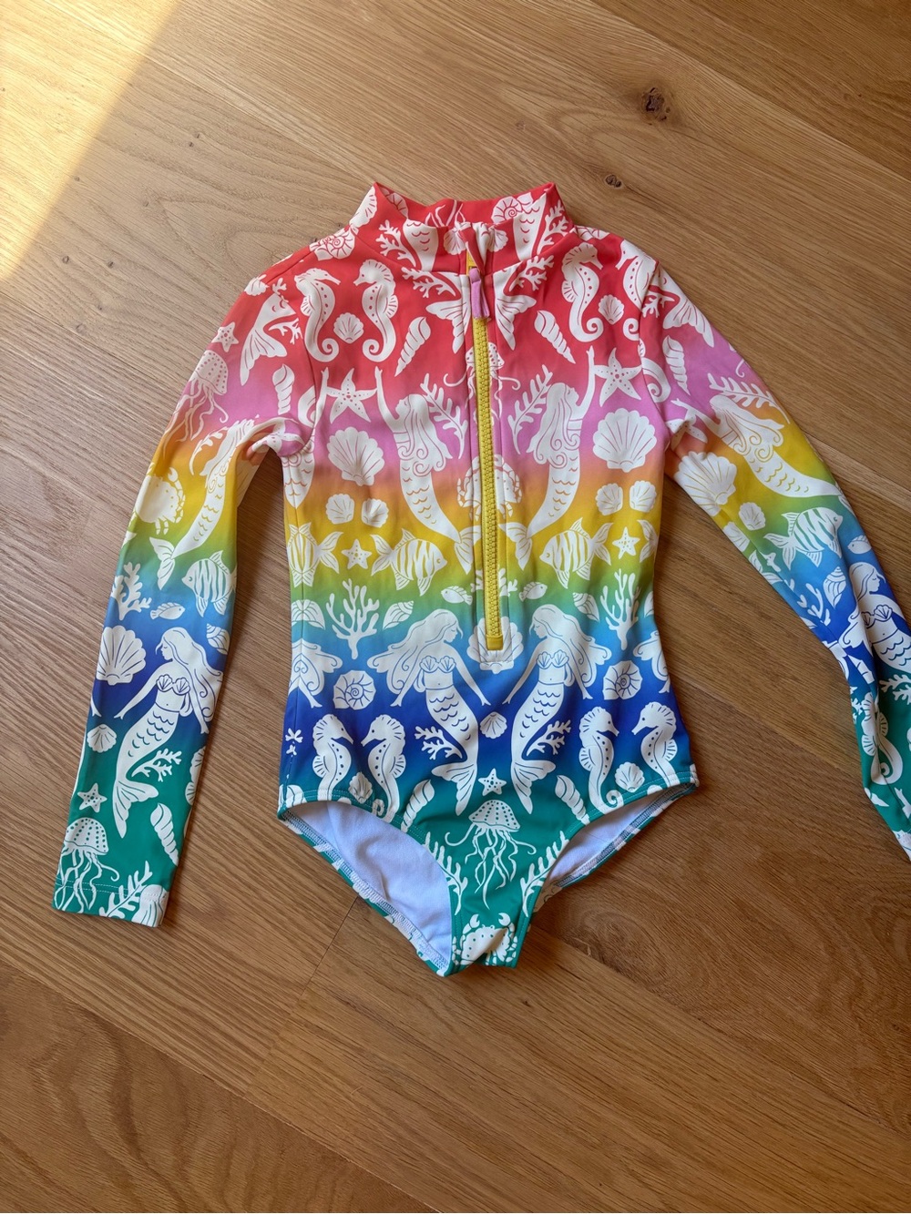 Mini Boden Rainbow Mermaid Print Long Sleeve One-Piece Swimsuit